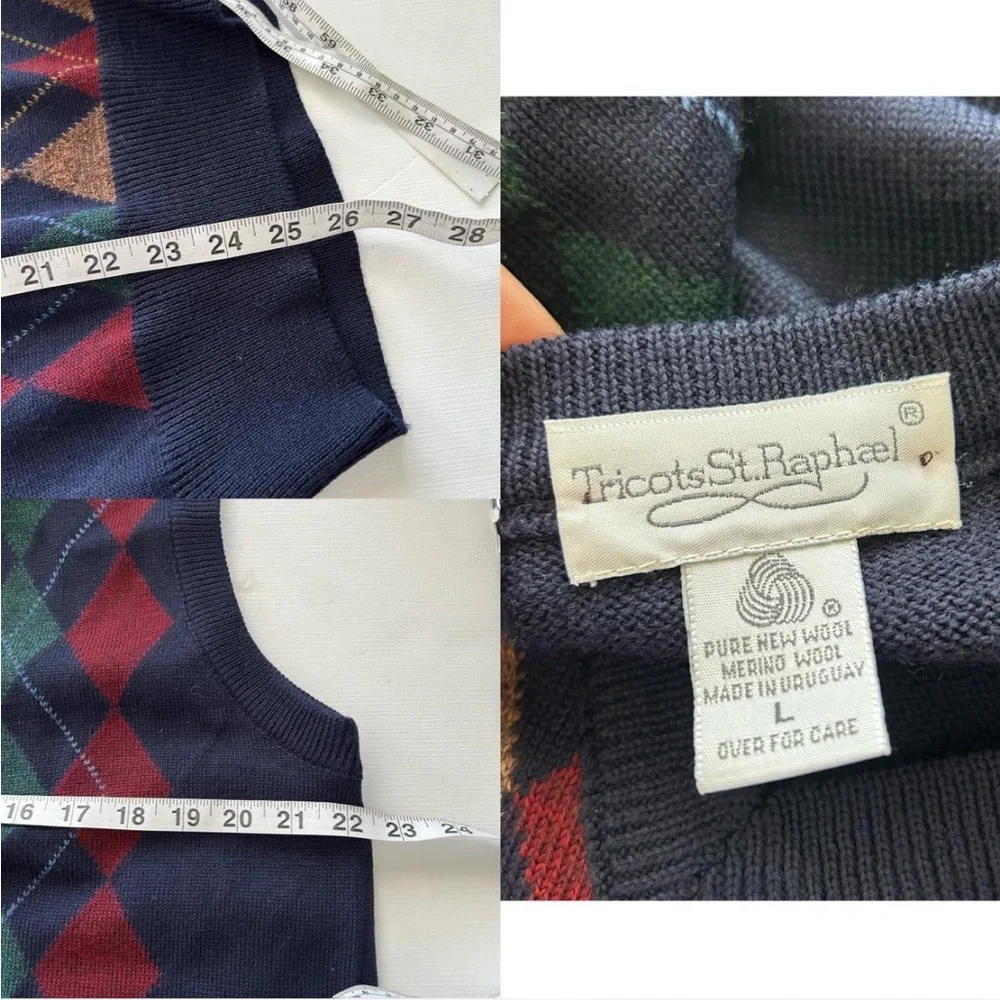 Vintage Navy blue Tricot St. Raphael argyle sweater vest Pure New Wool large. - Picture 7 of 7